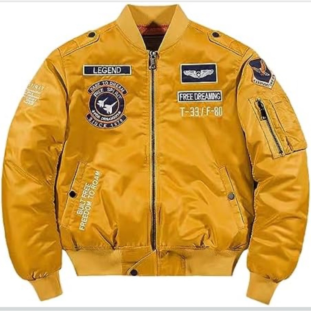 Yellow Gold Freedom to Roam Embroidered Varsity Bomber Military Pilot Jacket